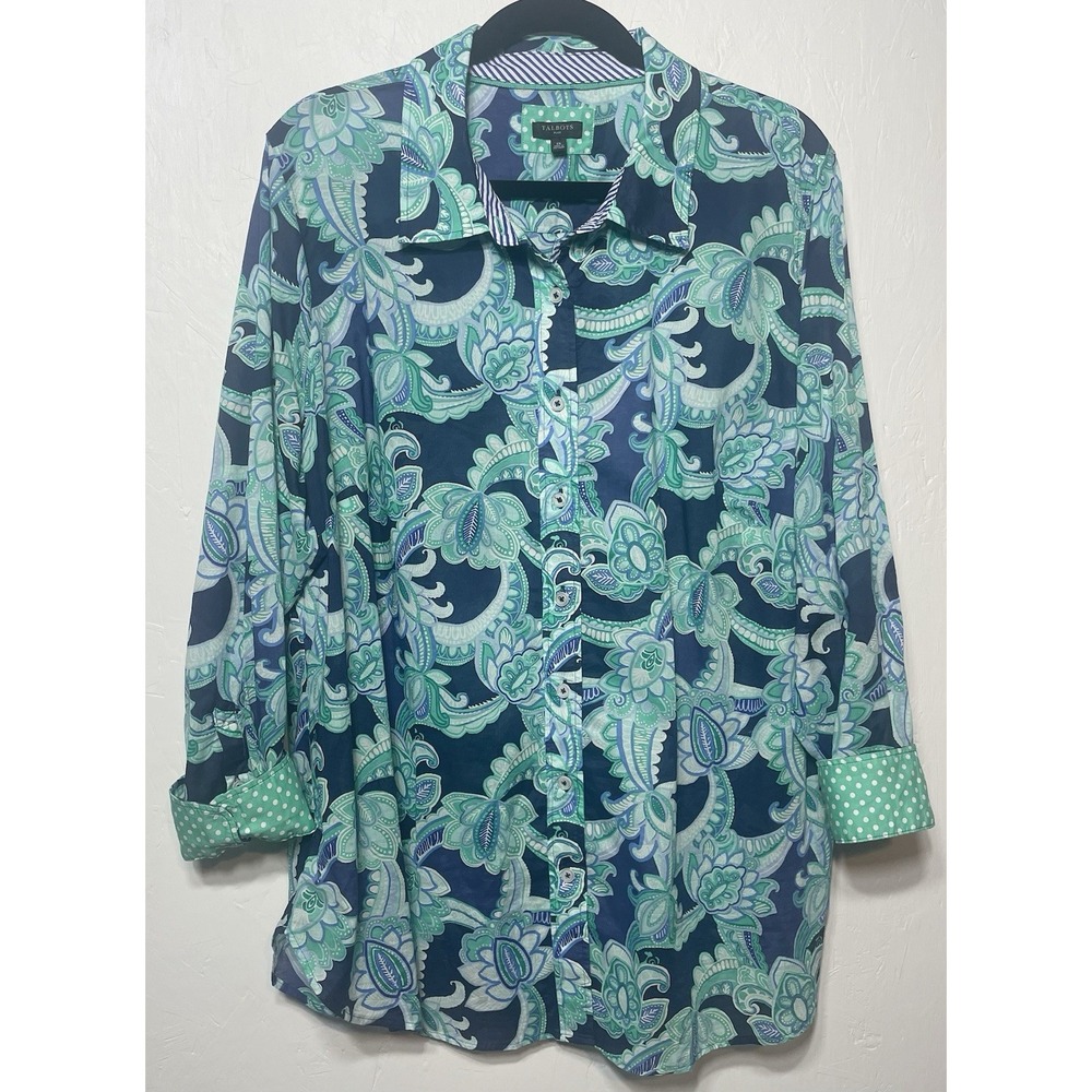 Talbots Floral‎ Design 100% Cotton Button Up Women's Size 2XL